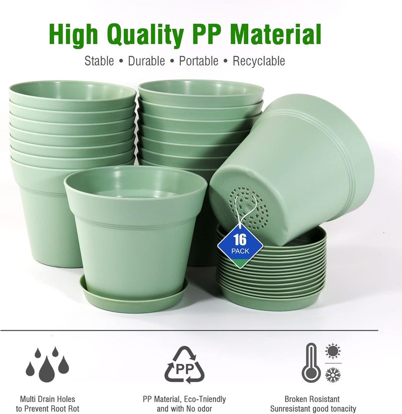 WOUSIWER 16 Pack 6 inch Plastic Planters, Plastic Indoor Planter Flower Pots, Heavy Duty and Stylish 6 Inch Plant Pots for Indoor Plants with Drainage Holes and Tray for Plants Flowers, Green - Image 4